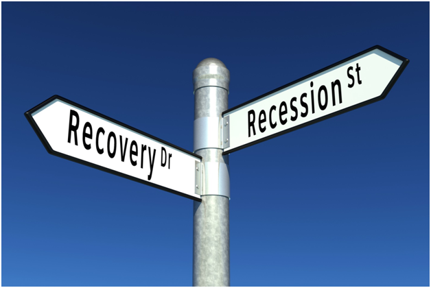 recovery and recession street signs