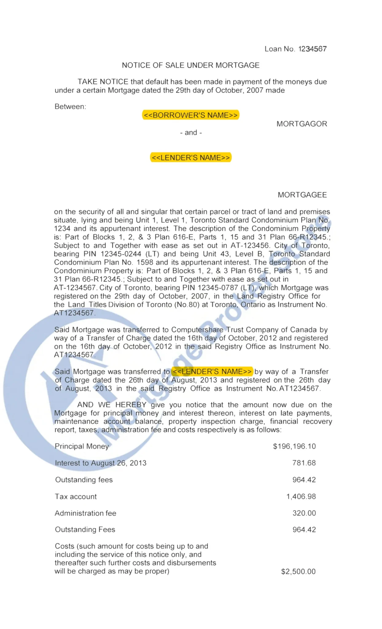 Example of an Ontario Notice of Sale under mortgage, page 1