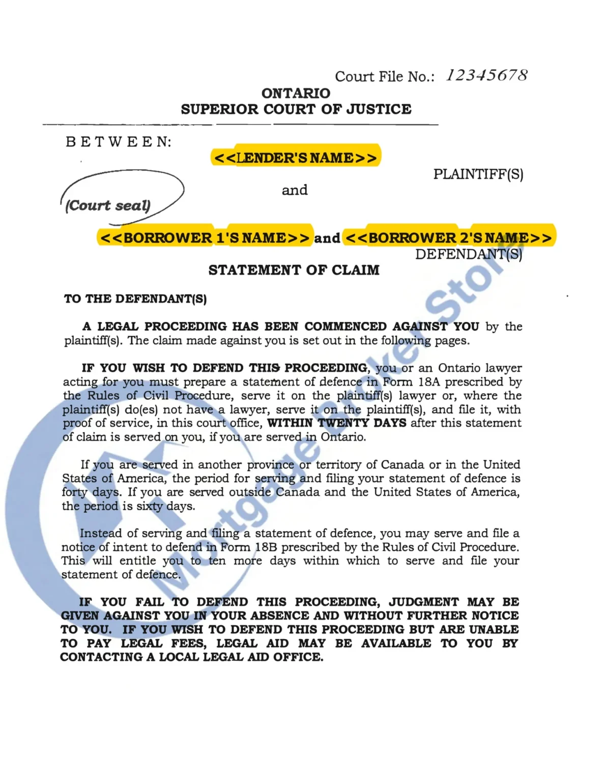 Example of an Ontario Statement of Claim in a power of sale, page 1