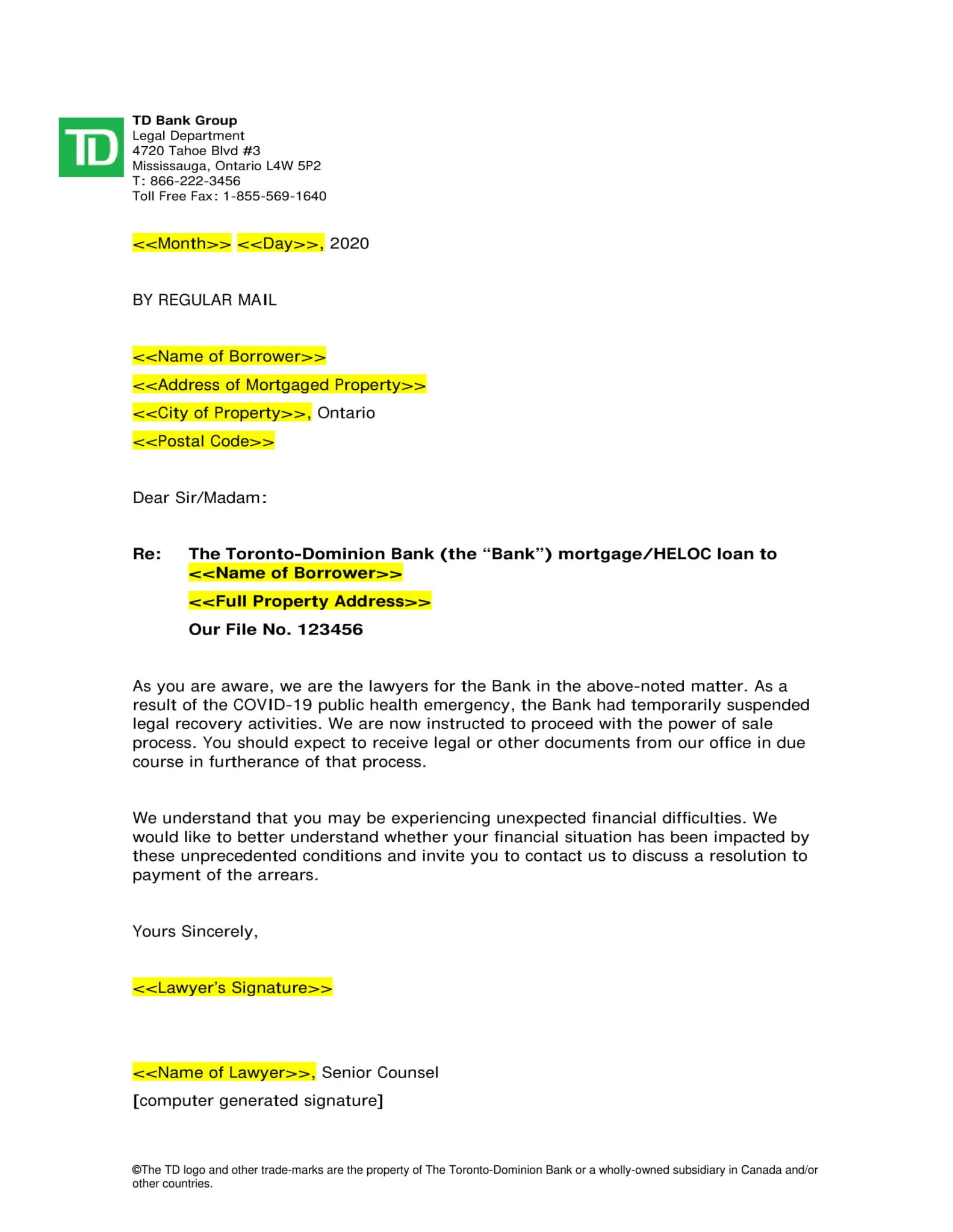 sample power of sale warning document