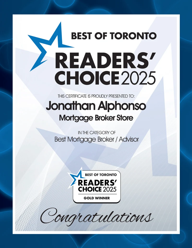 Best of Toronto Readers’ Choice 2025 Gold Winner certificate presented to Jonathan Alphonso, Mortgage Broker Store